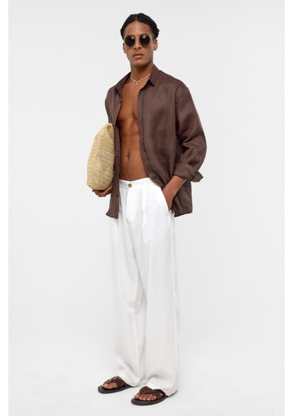 %100 Keten Oversize Uzun Kollu Gömlek Kahve