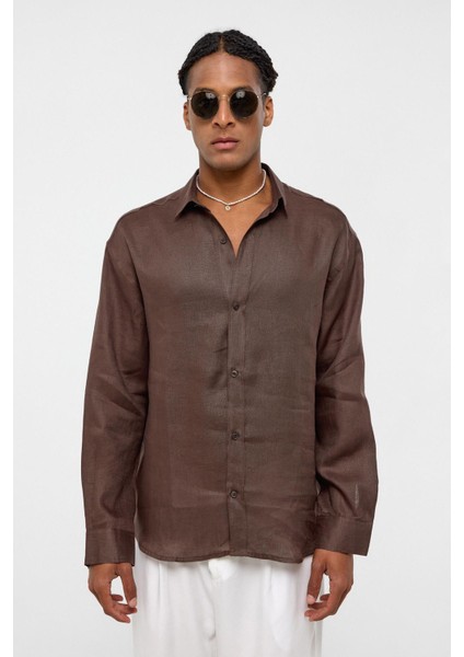 %100 Keten Oversize Uzun Kollu Gömlek Kahve fiyatları