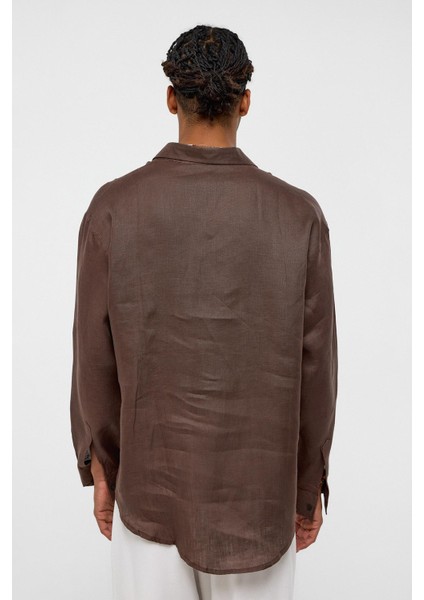 %100 Keten Oversize Uzun Kollu Gömlek Kahve fırsatları
