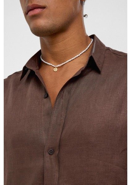 %100 Keten Oversize Uzun Kollu Gömlek Kahve indirimleri