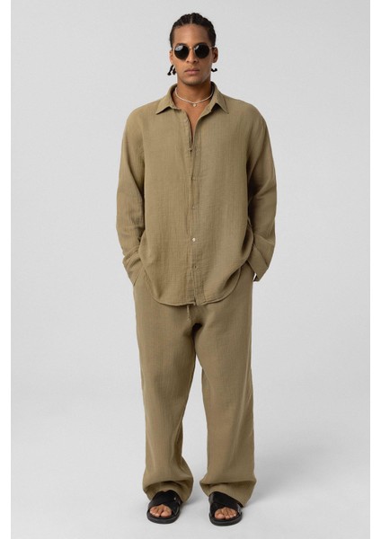 Oversize Uzun Kol Müslin Kumaş Gömlek Haki