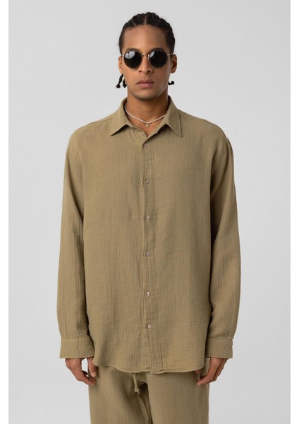 Oversize Uzun Kol Müslin Kumaş Gömlek Haki modelleri