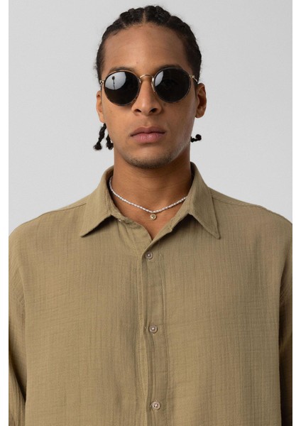 Oversize Uzun Kol Müslin Kumaş Gömlek Haki indirimleri