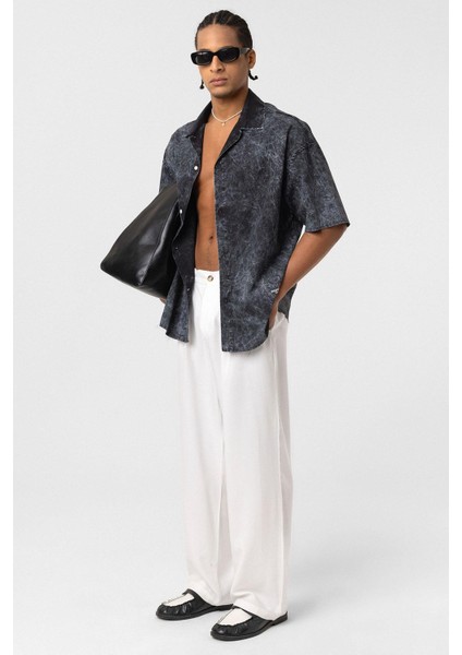 Yıkamalı Yazı Baskılı Oversize Kısa Kol Gömlek Siyah