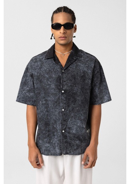 Yıkamalı Yazı Baskılı Oversize Kısa Kol Gömlek Siyah fiyatları