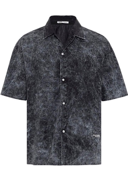 Yıkamalı Yazı Baskılı Oversize Kısa Kol Gömlek Siyah modelleri