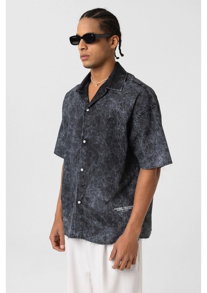 Yıkamalı Yazı Baskılı Oversize Kısa Kol Gömlek Siyah indirimleri