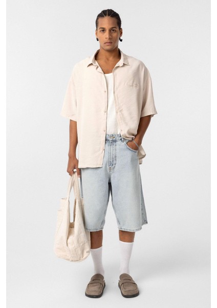 Arka Baskılı Tensel Oversize Gömlek Bej