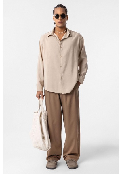 Oversize Modal Kumaş Gömlek Bej