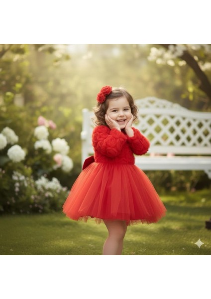 Kız Bebek Gül Desenli Fiyonk Lu Şık Özel Gün Abiye Elbise 0-5 Yaş