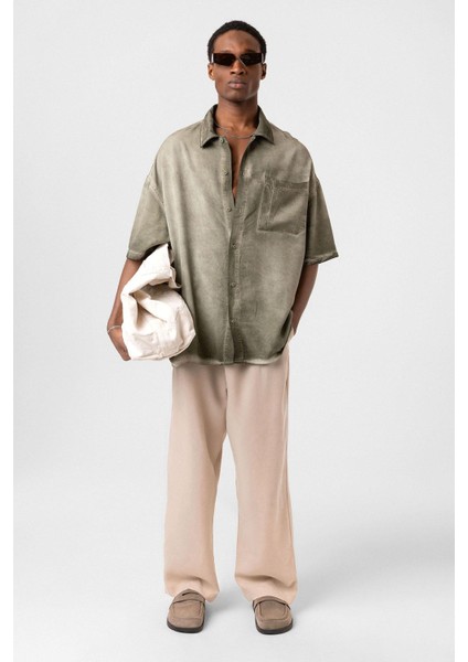 Yıkamalı Kısa Kollu Oversize Gömlek Haki