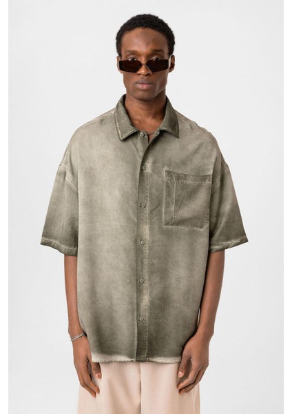 Yıkamalı Kısa Kollu Oversize Gömlek Haki modelleri