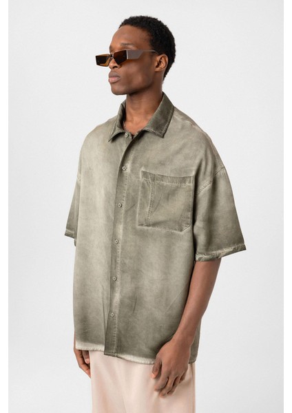 Yıkamalı Kısa Kollu Oversize Gömlek Haki fırsatları