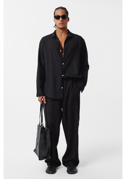 Basic Oversize Pamuk Keten Gömlek Siyah
