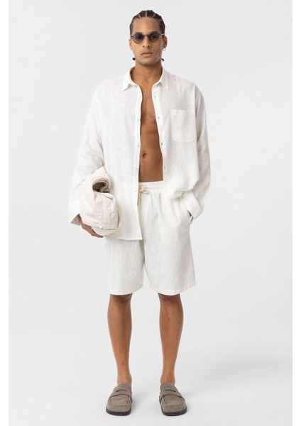 Cep Detaylı Oversize Uzun Kol Gömlek Ekru