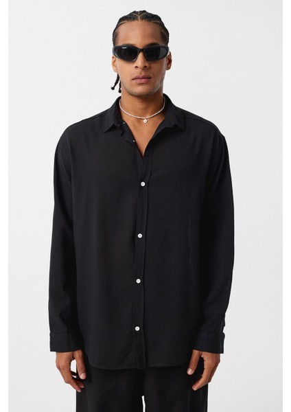 Basic Oversize Pamuk Keten Gömlek Siyah modelleri