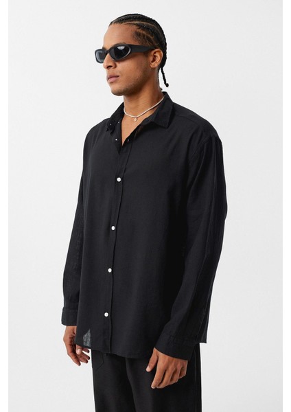 Basic Oversize Pamuk Keten Gömlek Siyah fırsatları
