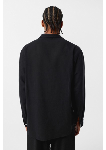 Basic Oversize Pamuk Keten Gömlek Siyah indirimleri