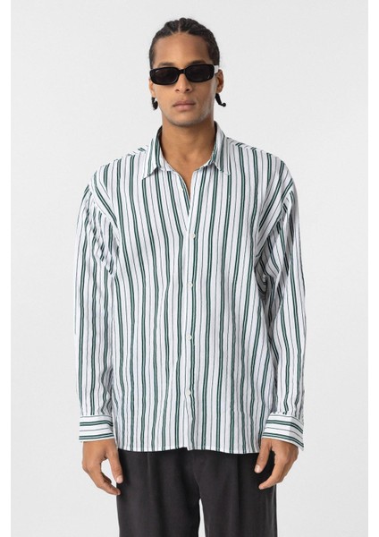Çizgili Uzun Kollu Oversize Keten Gömlek Yeşil modelleri