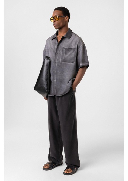 Yıkamalı Kısa Kollu Oversize Gömlek Siyah