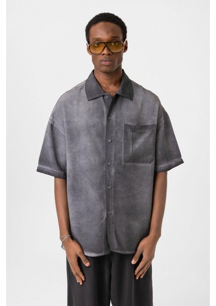 Yıkamalı Kısa Kollu Oversize Gömlek Siyah modelleri