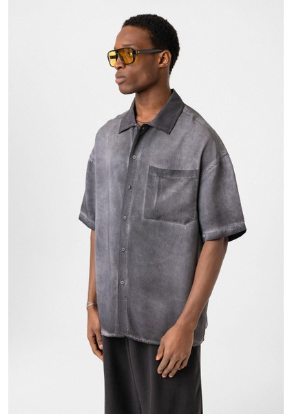 Yıkamalı Kısa Kollu Oversize Gömlek Siyah fırsatları