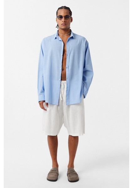 Basic Oversize Pamuk Keten Gömlek Mavi