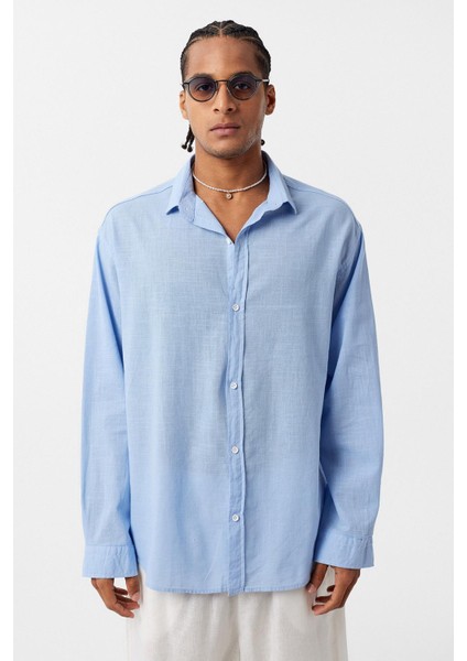 Basic Oversize Pamuk Keten Gömlek Mavi modelleri