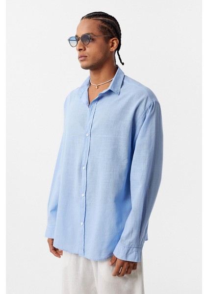 Basic Oversize Pamuk Keten Gömlek Mavi fırsatları