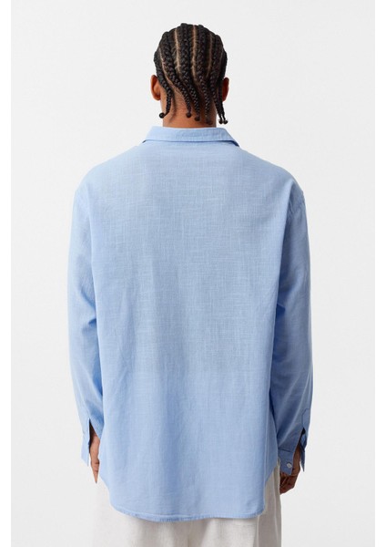 Basic Oversize Pamuk Keten Gömlek Mavi indirimleri
