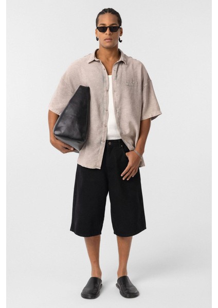 Arka Baskılı Tensel Oversize Gömlek Taş