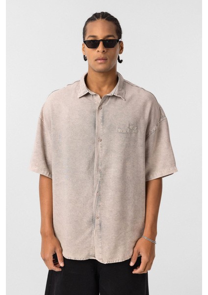 Arka Baskılı Tensel Oversize Gömlek Taş modelleri