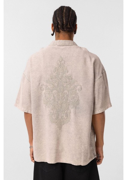 Arka Baskılı Tensel Oversize Gömlek Taş indirimleri