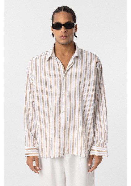 Çizgili Uzun Kollu Oversize Keten Gömlek Bej modelleri