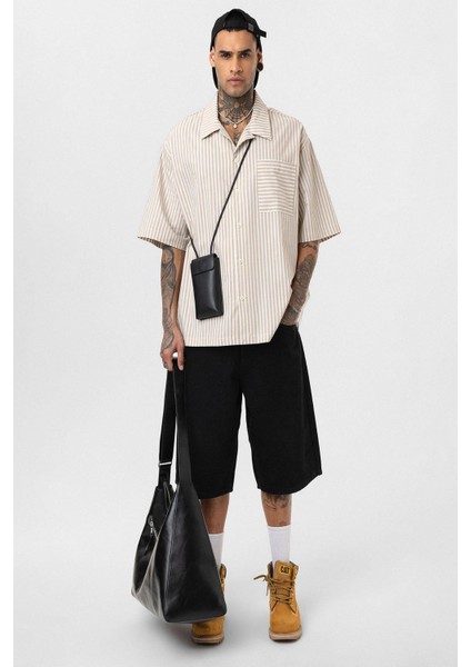 Çizgili Kısa Kol Oversize Gömlek Bej