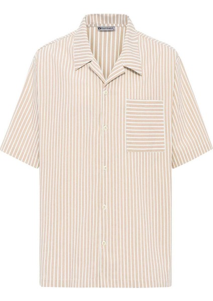 Çizgili Kısa Kol Oversize Gömlek Bej fiyatları