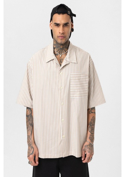 Çizgili Kısa Kol Oversize Gömlek Bej modelleri