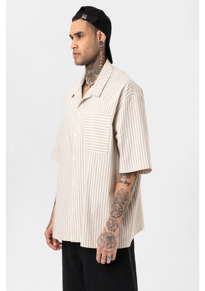 Çizgili Kısa Kol Oversize Gömlek Bej fırsatları
