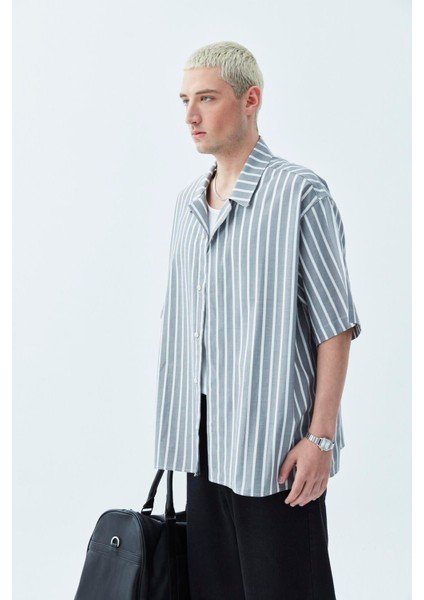 Çizgili Oversize Kısa Kol Gömlek Antrasit fiyatları