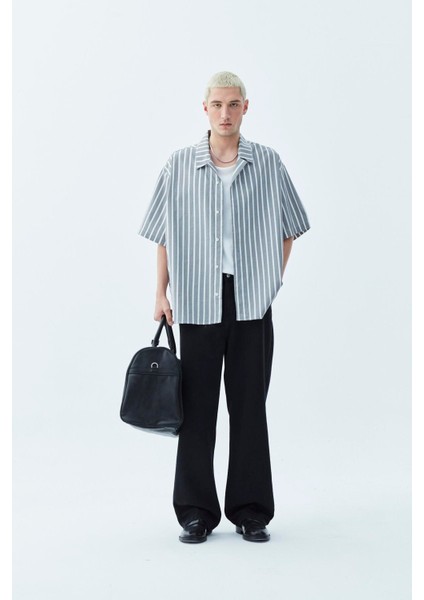 Çizgili Oversize Kısa Kol Gömlek Antrasit modelleri