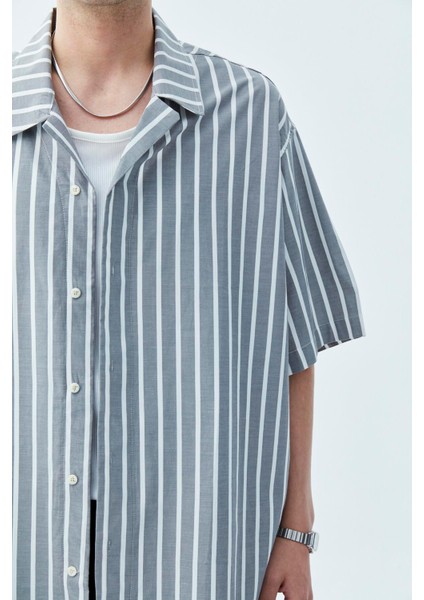 Çizgili Oversize Kısa Kol Gömlek Antrasit indirimleri