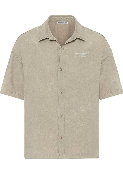 Yıkamalı Oversize Kısa Kol Baskılı Tensel Gömlek Haki