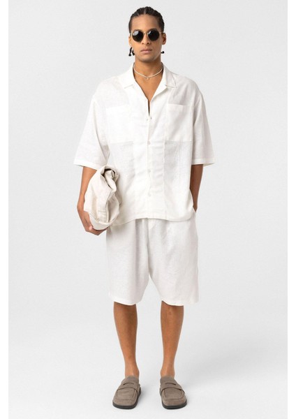 Çift Cepli Oversize Keten Gömlek Ekru