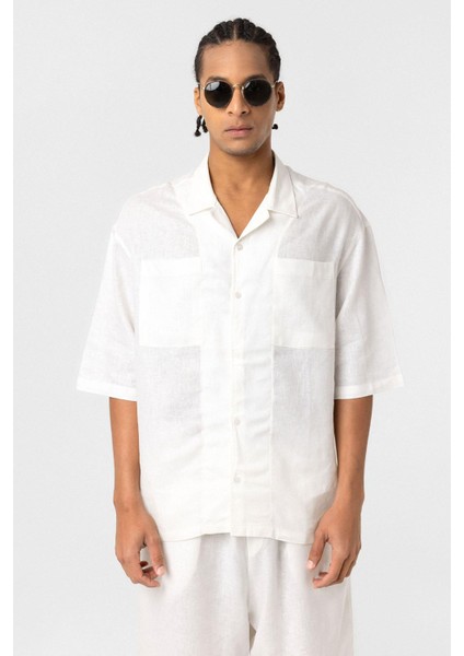Çift Cepli Oversize Keten Gömlek Ekru fırsatları