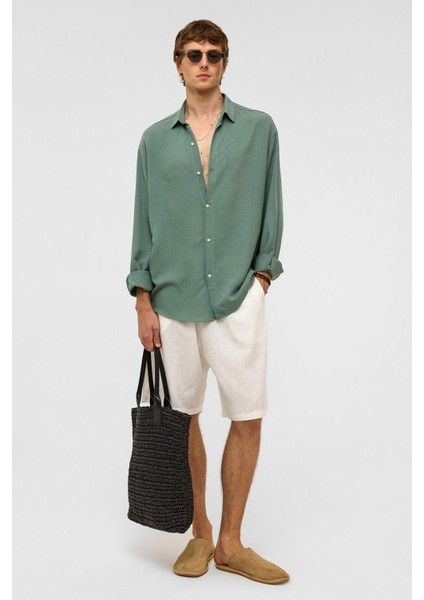 Oversize Uzun Kollu Keten Gömlek Haki