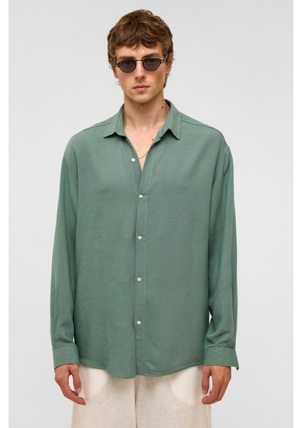 Oversize Uzun Kollu Keten Gömlek Haki fiyatları