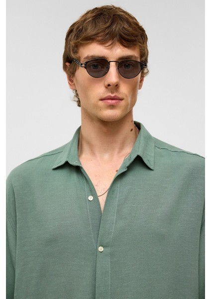 Oversize Uzun Kollu Keten Gömlek Haki modelleri