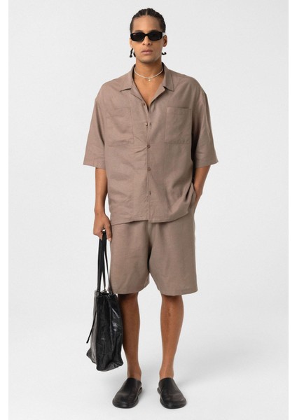 Çift Cepli Oversize Keten Gömlek Vizon