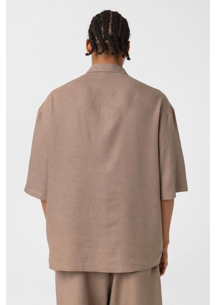 Çift Cepli Oversize Keten Gömlek Vizon fiyatları