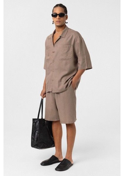 Çift Cepli Oversize Keten Gömlek Vizon modelleri